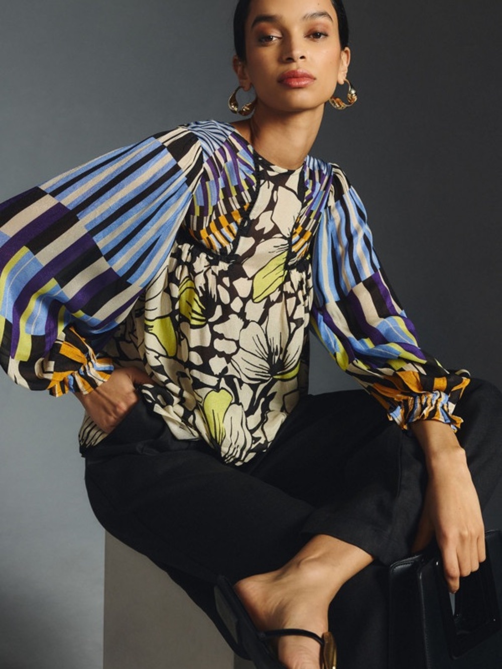 Anthropologie Boho Mixed Print Blouse Graphic Floral Contrast Sleeve Top